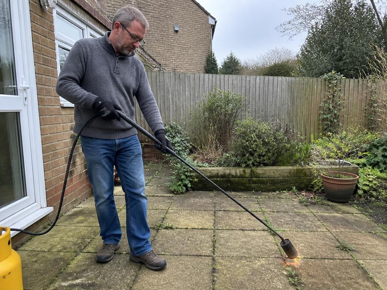 A man in a jumper using a long weed burner torch on weeds between patio slabs