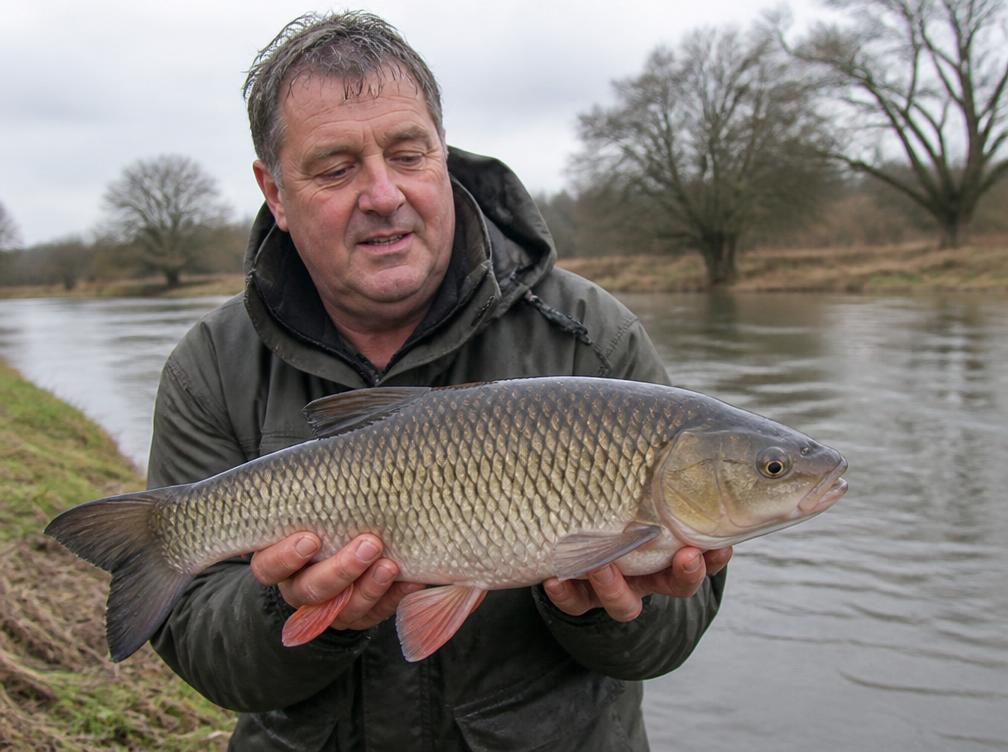An angler on a riverbank holding a large chub before releasing it