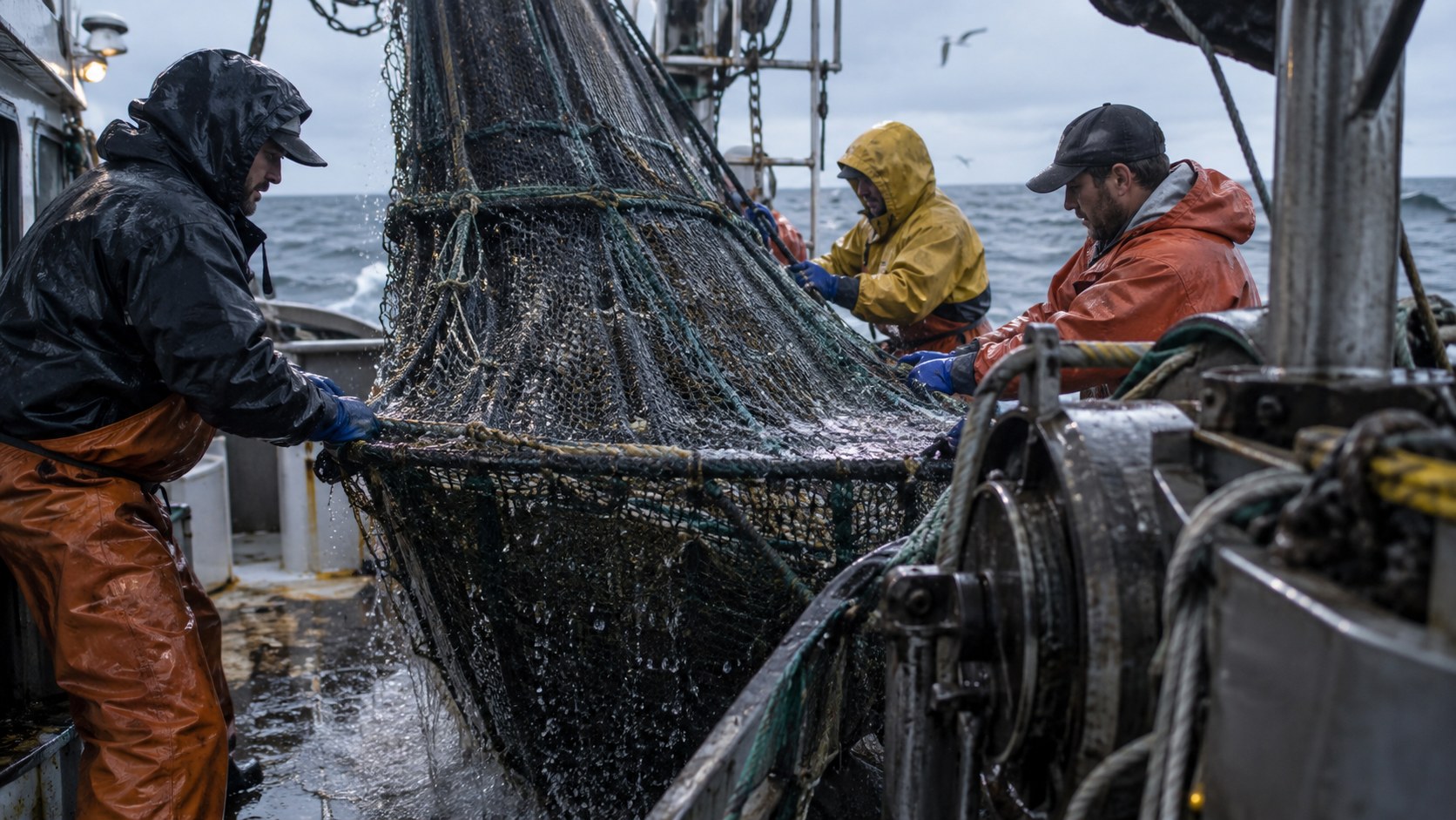 Fishermen in waterproofs hauling a heavy fishing net aboard a boat